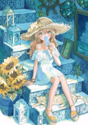 1girl absurdres animal bare_shoulders blonde_hair blue_eyes bouquet cat commentary_request conch dress flower food full_body hand_up hat highres holding holding_food holding_popsicle long_hair looking_at_viewer marutani original painting_(object) popsicle sandals seashell shell sitting sitting_on_stairs solo stairs starfish straw_hat summer sun_hat sunflower vase white_dress yellow_flower