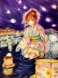 1girl blush brown_eyes brown_hair bug firefly hair_ornament highres insect japanese_clothes kimono lantern lantern_on_liquid marker_(medium) night obi paper_lantern river san_(bbbbb8892) sash sky smile traditional_media water yukata