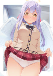 Rule 34 | 10s, 1girl, ahoge, angel wings, black bow, black bowtie, blush, bow, bowtie, breasts, cardigan, clothes lift, commentary request, cowboy shot, cross hair ornament, female focus, from below, gabriel dropout, groin, hair ornament, halo, highres, lifting own clothes, long hair, long sleeves, looking at viewer, miniskirt, panties, pleated skirt, purple hair, raphiel shiraha ainsworth, school uniform, skirt, skirt lift, smile, solo, tachimi (basue), thighs, underwear, white panties, wings, yellow eyes