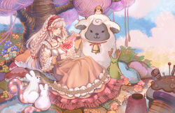 Rule 34 | 1girl, absurdres, bell, bird, black sweater, blue eyes, blunt bangs, blunt ends, blurry, braid, cloud, commentary, creature, depth of field, do myzu, english commentary, film grain, frilled hairband, frills, hairband, heart, highres, lace, lace-trimmed shirt, lace-trimmed sleeves, lace trim, layered clothes, long hair, long sleeves, looking at object, low-tied long hair, mushroom, needle, open mouth, orange skirt, original, outdoors, pincushion, pink hair, red hairband, safety pin, sewing needle, sewing pin, sheep, shirt, sitting, skirt, smile, solo, spool, sweater, thread, tree, turtleneck, turtleneck sweater, white shirt, yarn, yarn ball