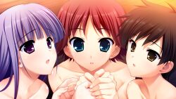 3girls black_hair blue_eyes blunt_bangs breasts collarbone completely_nude cupping_hands eyebrows_hidden_by_hair fingernails fumio_(ura_fmo) game_cg grisaia_(series) grisaia_no_rakuen hands_up kaneda_saaya leaning_forward light_blush long_eyelashes long_hair long_sidelocks looking_down looking_up multiple_girls non-web_source nude official_art open_mouth own_hands_together parted_lips portrait purple_eyes purple_hair raised_eyebrows raised_inner_eyebrows red_hair sakuma_minori sakurai_mifuyu short_hair sidelocks sparkling_eyes swept_bangs thick_eyelashes tomboy variant_set wide-eyed yellow_eyes