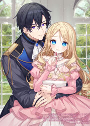 1boy 1girl bare_shoulders black_hair black_jacket black_shirt blonde_hair blue_eyes breasts closed_mouth collarbone commentary_request copyright_request day dress frilled_dress frills hair_between_eyes highres holding holding_pen hug hug_from_behind indoors jacket juliet_sleeves karokuchitose long_hair long_sleeves medium_breasts nib_pen_(object) off-shoulder_dress off_shoulder official_art parted_bangs pen pink_dress puffy_sleeves purple_eyes shirt smile translation_request very_long_hair window