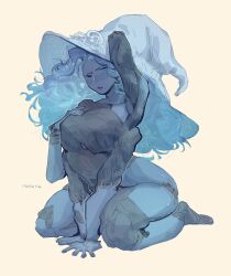 116116116el 1girl arm_up armpits blue_eyes blue_hair blue_skin colored_skin doll_joints elden_ring extra_arms extra_faces facing_viewer hand_in_own_hair hand_on_ground hand_on_own_chest hat highres joints long_hair looking_to_the_side one_eye_closed presenting_armpit ranni_the_witch rope signature simple_background sitting solo very_long_hair wariza wavy_hair witch_hat