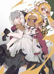 2girls apron ass black_dress blush carrying carrying_over_shoulder carrying_person closed_mouth collared_dress dark-skinned_female dark_skin dress ear_blush flying_sweatdrops frilled_dress frills highres holding holding_umbrella inkling inkling_girl inkling_player_character jacket kneehighs maid maid_apron maid_headdress multiple_girls nintendo octoling octoling_boy octoling_girl octoling_player_character open_clothes open_jacket open_mouth orange_hair panties pointy_ears print_panties purple_eyes red_eyes salted_whale serious sidelocks socks splatoon_(series) squid_print tentacle_hair thighhighs torn_clothes torn_dress umbrella underwear white_thighhighs