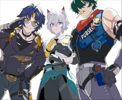 3boys animal_ear_fluff animal_ears asaba_harumasa black_gloves black_hair black_necktie blue_eyes candy cat cat_ears commentary cosplay costume_switch cup food from_below gloves green_eyes green_hair headband highres holding holding_cup jacket leather leather_jacket lighter_(zenless_zone_zero) lollipop looking_at_viewer male_focus multiple_boys necktie personality_switch red_scarf scarf seth_lowell shirt simple_background sunglasses uyk018 white_background white_hair white_shirt yellow_eyes yellow_headband zenless_zone_zero