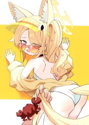 1boy 1girl against_wall animal_ear_fluff animal_ears ass bare_back bare_shoulders black_choker blonde_hair blue_archive blush breasts choker clothing_cutout crab cross_halo crying crying_with_eyes_open ear_blush extra_ears eyes_visible_through_hair fox_ears fox_girl fox_tail gradient_eyes hair_over_one_eye halo highleg highleg_one-piece_swimsuit highres jacket leaning_forward loli long_hair long_sleeves long_tail looking_at_viewer looking_back meng_yin multicolored_eyes off_shoulder official_alternate_costume official_alternate_hairstyle one-piece_swimsuit open_mouth orange-tinted_eyewear seia_(blue_archive) seia_(swimsuit)_(blue_archive) side_ponytail small_breasts solo sunglasses swimsuit tail tail_through_clothes tearing_up tears thighs tinted_eyewear very_long_hair visor_cap white_one-piece_swimsuit yellow_background yellow_eyes yellow_halo yellow_jacket yellow_visor