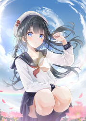 1girl akasaka_asa beret black_hair black_sailor_collar black_skirt black_socks blue_eyes blue_hair blue_sky blush breasts colored_inner_hair commentary_request feet_out_of_frame floating_hair hair_intakes hat highres kneehighs long_hair long_sleeves looking_at_viewer miniskirt multicolored_hair neckerchief original parted_lips pleated_skirt red_neckerchief sailor_collar school_uniform see-through_clothes see-through_shirt serafuku shirt skirt sky small_breasts socks solo strawberry_hat_ornament white_hat