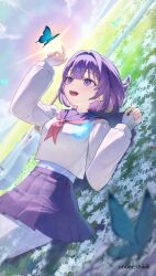 1girl :d absurdres acoustic_guitar blue_butterfly blue_fire blue_skirt blurry bug butterfly colored_inner_hair depth_of_field earrings field fire flower flower_field ghost_girl ghost_tail guitar hands_up hashtag-only_commentary highres indie_utaite insect instrument jewelry konkon_tamashii light_blush long_sleeves looking_at_animal lying medium_hair midriff_peek multicolored_hair multiple_earrings navel on_back open_mouth outdoors pink_hair pleated_skirt purple_eyes purple_hair school_uniform serafuku sg_(under_siiiiii) shirt skirt smile solo sun teeth twitter_username upper_teeth_only white_shirt