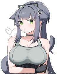 Rule 34 | 1girl, absurdres, animal ears, arknights, bare shoulders, black choker, black gloves, black hair, black tail, blush, breasts, bright pupils, choker, cleavage, collarbone, gloves, green eyes, hand on own elbow, highres, jessica (arknights), jessica the liberated (arknights), large breasts, long hair, looking at viewer, multicolored hair, parted lips, pink hair, puff of air, simple background, sleeveless, solo, spam (spamham4506), streaked hair, sweatdrop, tail, tail raised, upper body, white background, white pupils