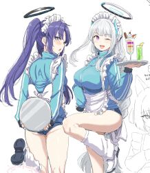 2girls alternate_costume alternate_hairstyle apron black_halo blue_archive blue_buruma blush braid braided_ponytail buruma clearite embarrassed enmaided frilled_apron frills gym_uniform halo hand_on_own_hip headgear holding holding_tray leg_up leg_warmers long_hair maid maid_headdress mechanical_halo multiple_girls noa_(blue_archive) one_eye_closed purple_eyes purple_hair single_braid sketch track_suit tray twintails unfinished very_long_hair waist_apron white_apron white_hair white_halo yuuka_(blue_archive)