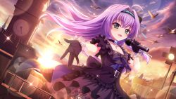 1girl ahoge analog_clock belt bird black_belt black_bow black_choker black_dress black_gloves black_hairband blue_gemstone blue_ribbon blush bow breasts choker city cleavage clock clock_tower cloud cloudy_sky cross cross_necklace dot_nose dress dutch_angle evening film_grain frilled_dress frilled_gloves frills game_cg gem gloves gradient_sky green_eyes hair_intakes hair_ribbon hairband hokaze_kanade holding holding_microphone izumi_tsubasu jewelry lens_flare long_hair looking_at_viewer medium_breasts microphone motion_blur necklace non-web_source official_art open_mouth orange_sky outstretched_arm outstretched_hand purple_hair purple_sky re:stage! reaching reaching_towards_viewer ribbon see-through_skirt_layer sky smile solo sparkle speaker stage_lights sunset tower