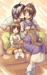 1boy 2girls age_difference black_hair blush book breasts brown_eyes brown_hair child closed_eyes couch cushion family father_and_daughter feet hand_on_shoulder holding holding_book husband_and_wife jewelry kiss knitting matching_hair/eyes mil_(xration) mother_and_daughter multiple_girls one_eye_closed open_mouth pillow pregnant ring sandals sitting size_difference socks wedding_band