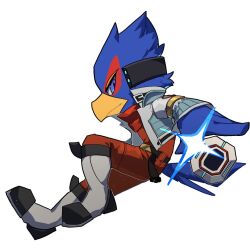 1boy beak bird_boy bird_tail blue_eyes closed_mouth commentary english_commentary falco_lombardi full_body furry furry_male grey_jacket jacket long_sleeves male_focus nintendo open_clothes open_jacket pruh simple_background solo star_fox tail white_background