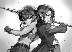 2girls absurdres back-to-back bare_arms belt blurry bob_cut borrowed_character breasts canteen coat commission cowboy_shot crop_top debris depth_of_field drill electricity electrokinesis fingerless_gloves freckles gloves gradient_background greyscale grin groin hairband hand_up hepari highres hip_flask holding holding_weapon looking_at_viewer looking_back looking_to_the_side medium_breasts midriff mole mole_under_eye monochrome multiple_girls navel open_clothes open_coat original pants pointy_ears radial_gradient_background second-party_source side_part sidelocks signature smile standing swept_bangs toned toned_female v-shaped_eyebrows weapon