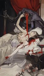 1boy 1girl absurdres armor bare_shoulders bed black_cape black_gloves black_hair blood blood_on_bed blood_on_face blood_on_hands blood_on_neck blood_on_shoulder breastplate breasts cape cleavage colored_skin curtains dress expressionless flower gloves grey_hair hand_up highres holding holding_sword holding_weapon incredibly_absurdres indoors knight long_hair looking_up original parted_bangs parted_lips pillow pointy_ears purple_skin red_eyes severed_head sin_node skull sword watermark weapon weibo_watermark white_dress white_flower