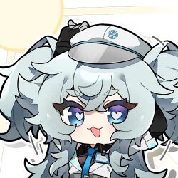 1girl :3 arm_behind_head artist_request blue_eyes blue_necktie chibi chibi_only chinese_commentary florence_(girls&#039;_frontline_2) girls&#039;_frontline girls&#039;_frontline_2:_exilium grey_hair hands_up hat heart heart-shaped_pupils looking_at_viewer lowres necktie official_art open_mouth pa-15_(girls&#039;_frontline) peaked_cap second-party_source solo stretching symbol-shaped_pupils transparent_background