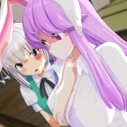 2girls 3d animated areola_slip blush breast_awe breast_lift breasts cleavage closed_mouth grabbing_another&#039;s_breast green_eyes groping indoors konpaku_youmu large_breasts long_hair looking_at_breasts mofumoko5 multiple_girls no_bra open_mouth pink_eyes purple_hair rabbit_ears rabbit_girl reisen_udongein_inaba short_hair smile tagme touhou video white_hair