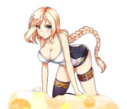 1girl all_fours blonde_hair blue_eyes blush braid breasts cleavage elsword female_focus freyja_(elsword) large_breasts long_hair looking_at_viewer ponytail rose_(elsword) solo thighhighs trash white_background