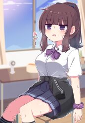 1girl black_ribbon black_socks black_sweater blue_skirt blurry blurry_background blush bow bowtie breasts brown_hair cevio clothes_around_waist collared_shirt commentary dated_commentary feet_out_of_frame hair_ribbon hibino_000 highres hot kneehighs large_breasts long_hair natsuki_karin open_mouth pink_bow pink_bowtie pleated_skirt ponytail purple_eyes purple_scrunchie ribbon scrunchie shirt shirt_tucked_in short_sleeves sidelocks sitting skirt socks solo sweat sweater synthesizer_v white_shirt window wing_collar wrist_scrunchie