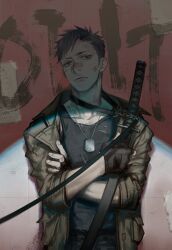 1boy against_wall black_eyes black_gloves black_hair black_pants blood blood_on_face cargo_pants chain chain_leash crossed_arms dirty dirty_clothes dirty_face dog_tags facing_viewer fingerless_gloves gangsta gloves graffiti grey_jacket half-closed_eyes hand_on_own_arm holding holding_scabbard holding_sword holding_weapon jacket katana leash looking_at_viewer male_focus mature_male military_jacket nicolas_brown open_clothes open_jacket outdoors paint pants scabbard scar scar_on_face sheath shirou_shirou shirt sleeves_rolled_up sword tile_wall tiles torn_clothes torn_shirt upper_body weapon