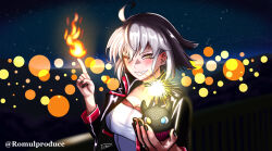 1girl artist_name birthday blush breasts cleavage cupcake fate/grand_order fate_(series) food grey_hair grin highres jacket jeanne_d&#039;arc_alter_(fate) large_breasts looking_at_viewer night one_eye_closed open_clothes open_jacket romulproduce shirt short_hair smile solo teeth wink yellow_eyes