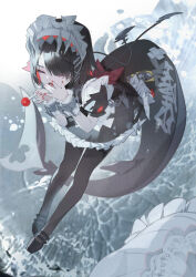 1girl absurdres black_dress black_hair black_pantyhose closed_eyes colored_inner_hair dress ellen_joe eve_fcat fins fish_tail frilled_wristband hairband highres maid maid_headdress metal_hairband mole mole_under_eye multicolored_hair pantyhose razor_blade_hair_ornament red_nails shark_girl shark_tail spiked_headband tail yawning zenless_zone_zero