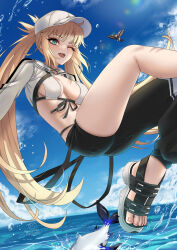 1girl artist_name artoria_caster_(fate) artoria_caster_(swimsuit_berserker)_(fate) artoria_caster_(swimsuit_berserker)_(first_ascension)_(fate) artoria_pendragon_(fate) asymmetrical_clothes baseball_cap bikini black_pants blonde_hair blue_sky blush breasts cleavage cropped_jacket fate/grand_order fate_(series) green_eyes hat highres jacket long_hair long_sleeves looking_at_viewer medium_breasts ocean one_eye_closed open_mouth pants patreon_username ryuuneart sandals shrug_(clothing) single_pantsleg sky smile solo swimsuit thighs twintails white_bikini white_hat white_jacket