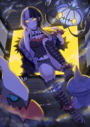 Rule 34 | 1girl, belt, black belt, black boots, black choker, black hair, black jacket, black shirt, boots, bracelet, chandelure, choker, closed mouth, commentary, darkrai, ditto, english commentary, gen 1 pokemon, gen 3 pokemon, gen 4 pokemon, gen 5 pokemon, grey hair, grey shorts, highres, hololive, hololive english, jacket, jewelry, junkusan, knee up, legendary pokemon, long hair, looking at viewer, multicolored hair, mythical pokemon, nintendo, pokemon, pokemon (creature), shiori novella, shirt, shorts, shuppet, smile, spiked anklet, spiked bracelet, spikes, split-color hair, transformed ditto, two-tone hair, virtual youtuber, window, yellow eyes