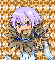 Rule 34 | 1boy, :d, argyle background, argyle clothes, argyle shirt, blue nails, blush, brown background, commentary request, detached sleeves, fingernails, fur collar, looking at viewer, male focus, meiko (nattu303), open mouth, purple eyes, purple hair, ragnarok online, shirt, short hair, smile, solo, sorcerer (ragnarok online), upper body, v, v-shaped eyebrows, white shirt, white sleeves