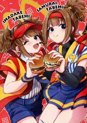 2girls araragi_uminya back_bow badge black_eyes black_necktie black_sleeves blue_shirt blue_shorts blue_skirt bow brown_hair burger button_badge character_name closed_mouth commentary detached_sleeves employee_uniform fast_food_uniform food hair_tie hat headband headset highres holding holding_food imadake_dabuchi_tabemi japanese_clothes mcdonald&#039;s miniskirt multiple_girls necktie one_eye_closed open_mouth pleated_skirt red_hat red_headband samurai_tamago_tabemi shirt short_hair short_shorts shorts side-by-side skirt smile striped_clothes striped_shirt tasuki tie_clip topknot twintails vertical-striped_clothes vertical-striped_shirt visor_cap white_shirt wristband yellow_happi