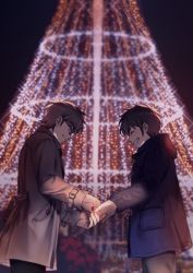 2boys absurdres ace_of_diamond blue_jacket blush brown_coat brown_eyes brown_hair christmas christmas_lights christmas_tree coat couple crying engagement_ring glasses groom highres jacket jewelry male_focus miyuki_kazuya multiple_boys natsuki_iori night outdoors marriage_proposal putting_on_jewelry ring sawamura_eijun short_hair sideburns smile streaming_tears tears teeth yaoi