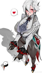 1girl arlecchino_(genshin_impact) b.sa_(bbbs) bad_tag black_gloves blush breasts earrings frills genshin_impact gloves grey_hair hair_over_one_eye heart highres jewelry large_breasts long_hair open_mouth simple_background solo spoken_heart white_background white_hair