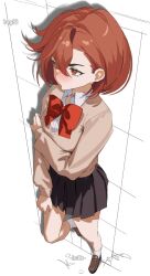 1girl against_wall arm_under_breasts ayase_momo black_skirt blush bow bowtie breasts brown_hair brown_shoes brown_sweater collared_shirt dandadan from_above full_body hair_behind_ear hair_between_eyes helic_(7317helic) highres kneehighs long_hair long_sleeves medium_breasts medium_hair miniskirt open_mouth pleated_skirt red_bow red_bowtie red_eyes school_uniform shirt shoes skirt socks solo sweater white_shirt white_socks