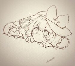 1girl blush bow cat closed_mouth commentary_request dated eyeball greyscale hat hat_bow highres kaenbyou_rin kaenbyou_rin_(cat) komeiji_koishi medium_hair monochrome shiro_tsugumi solo third_eye touhou traditional_media