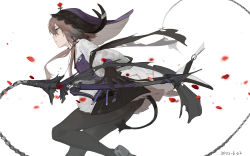 1girl absurdres animal_ears arknights black_gloves black_pantyhose black_skirt brown_hair cow_ears cow_girl cow_horns cow_tail dated detached_hood falling_petals flail flower flower_on_head foot_out_of_frame from_side gloves green_eyes hair_tubes highres holding holding_flail holding_weapon horns long_hair pallas_(arknights) pantyhose petals profile purple_hood purple_shirt red_flower shirt simple_background skirt solo standing standing_on_one_leg tail thighband_pantyhose weapon white_background yumingtongxue