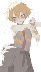 1boy armpit_peek bad_id bad_twitter_id blonde_hair blush cross-body_stretch e.g.o_(project_moon) grey_jacket grey_shirt highres inactive_account jacket korean_commentary limbus_company looking_at_viewer male_focus maratang necktie ofuda ofuda_on_clothes open_mouth project_moon red_necktie red_sheet_(e.g.o) shirt sinclair_(project_moon) sleeveless sleeveless_shirt steaming_body sweat talisman technology_liberation_alliance_(identity)_(project_moon) white_background yellow_eyes