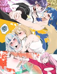 absurdres akuma_nihmune akuma_nihmune_(1st_costume) bao_(vtuber) bao_(vtuber)_(5th_costume) blunt_bangs blush breasts carrot_011 cleavage cleavage_cutout clothing_cutout couple earrings fins fish_tail gawr_gura heart highres holding_hands hololive hololive_english indie_virtual_youtuber jewelry kiss large_breasts long_hair looking_at_viewer mori_calliope multicolored_hair multiple_girls open_mouth pink_hair red_eyes shirt simple_background streaked_hair tail takanashi_kiara tattoo virtual_youtuber watson_amelia white_background yuri