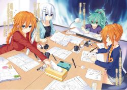 10s 4girls aura bottle braid dark_aura date_a_live drawing flying_sweatdrops nib_pen_(object) hair_ornament hairclip ink inkwell jacket jpeg_artifacts long_hair manga_(object) multiple_girls kyouno_natsumi novel_illustration office official_art open_clothes open_jacket orange_hair outstretched_arm paper pen pencil shirt short_hair sidelocks single_braid sisters sitting t-shirt table tissue tissue_box tobiichi_origami tsunako twins very_long_hair white_hair working yamai_kaguya yamai_yuzuru