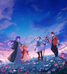 1boy 3girls absurdres arm_up bandaged_arm bandages black_boots black_coat black_gloves black_hair black_pants black_pantyhose black_robe black_shirt blonde_hair blue_eyes blunt_bangs boots brown_boots capelet closed_mouth coat copyright_notice crossover dress earrings elf fern_(sousou_no_frieren) field fingerless_gloves floating_earrings flower flower_field frieren frilled_dress frilled_skirt frilled_sleeves frills full_body gem gloves green_eyes green_gemstone grey_hair guardian_tales hair_between_eyes highres holding holding_staff jacket jewelry little_princess_(guardian_tales) long_hair long_sleeves looking_at_object looking_at_viewer looking_to_the_side mage_staff multicolored_hair multiple_girls official_art official_wallpaper orange_dress outdoors pants pantyhose parted_bangs pointy_ears protected_link purple_eyes purple_flower purple_hair purple_pupils purple_sky red_capelet red_coat red_hair robe roots_(hair) second-party_source shirt short_hair sidelocks skirt sky sousou_no_frieren staff standing stark_(sousou_no_frieren) straight_hair striped_clothes striped_shirt teardrop_earrings tiara twintails white_capelet white_dress