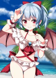1girl adapted_costume alternate_hairstyle arm_up back_bow bat_wings beach bikini blurry blurry_background blush bow brown_wings closed_mouth collarbone commentary_request cowboy_shot day earrings eyes_visible_through_hair frilled_bikini frills gem grey_hair hair_bow hand_up highres jewelry navel ocean outdoors palm_tree plant red_bow red_eyes remilia_scarlet ruu_(tksymkw) short_hair smile solo standing sunlight sweatdrop swimsuit touhou tree water white_bikini wings