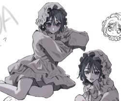 3girls alien_stage black_hair chibi closed_mouth collar crossed_arms dress earrings expressionless frilled_collar frilled_dress frills hair_between_eyes hat highres jewelry long_sleeves looking_at_viewer mob_cap multiple_girls puffy_long_sleeves puffy_sleeves purple_eyes saku050524 short_hair simple_background smile sua_(alien_stage) white_background white_dress