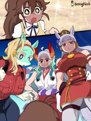 +_+ 4girls :o absurdres animal_ears aqua_hair artist_name awestruck backpack bag black_pants blonde_hair blue_eyes blunt_bangs boku_no_hero_academia bongfill breast_pocket breasts brown_eyes brown_hair colored_eyelashes commentary crossover earrings gloves gold_ship_(umamusume) grey_hair hair_between_eyes hat height_difference highres hoop_earrings horns horse_ears horse_girl ippan_josei jewelry large_breasts long_hair looking_at_another multicolored_hair multiple_crossover multiple_girls one_piece pants pantyhose pocket purple_eyes red_eyes size_difference sparkle symbol-only_commentary tall_female taneshima_popura thigh_strap trait_connection two-tone_hair umamusume white_gloves white_hair white_pantyhose working!! yamato_(one_piece)