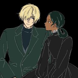1boy 1girl bindi black_background black_dress black_hair black_shirt blonde_hair blue_eyes chinese_commentary commentary_request dark-skinned_female dark_skin dress green_eyes green_jacket gundam gundam_gquuuuuux hair_over_one_eye hair_rings highres jacket lalah_sune long_sleeves looking_at_another lucy442684 profile shirouzu_(gundam) shirt short_hair simple_background turtleneck upper_body