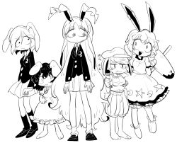5girls @_@ animal_ears bad_id bad_pixiv_id barefoot carrot_necklace crescent dango dress eating floppy_ears food full_body furukawa_(yomawari) greyscale inaba_tewi jewelry long_hair mallet monochrome multiple_girls necklace open_mouth rabbit_ears reisen reisen_udongein_inaba ringo_(touhou) sanshoku_dango seiran_(touhou) short_hair skirt touhou wagashi