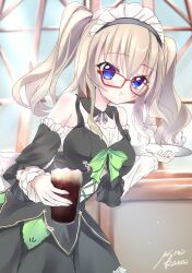 1girl 9-nine- :t absurdres back_bow black_dress blue_eyes blush bow breasts brown_hair closed_mouth cola commentary cowboy_shot cup day detached_collar detached_sleeves dress dress_bow eyes_visible_through_hair frilled_dress frilled_sleeves frills glasses green_bow grey_ribbon hair_between_eyes hands_up highres holding holding_cup holding_tray ice ice_cube indoors kujou_miyako large_breasts leaning_forward long_hair long_sleeves looking_at_viewer maid maid_headdress miraikanai neck_ribbon nine_ball_maid_uniform official_alternate_costume official_alternate_hairstyle pout red-framed_eyewear ribbon sidelocks signature sleeveless sleeveless_dress solo tray twintails white_bow window