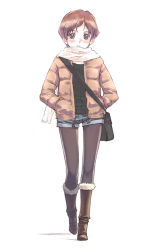 1girl bag coat denim denim_shorts female_focus handbag nyaou original pantyhose pantyhose_under_shorts scarf shorts solo