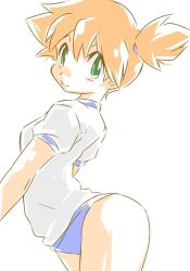 Rule 34 | 1girl, arched back, ass, blue buruma, blush, breasts, buruma, female focus, gen 1 pokemon, green eyes, gym leader, gym uniform, hair tie, legs, looking at viewer, misty (pokemon), nintendo, okuri ookami, orange hair, pokemon, pokemon (anime), pokemon (classic anime), pokemon rgby, ponytail, shirt, short hair, shorts, side ponytail, smile, solo, swimsuit, thighs