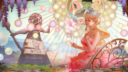 2girls bandal bare_shoulders blonde_hair branch breasts brown_hair cleavage crown dress earrings elphaba_thropp highres holding holding_wand jewelry long_hair multiple_girls parted_lips statue wand wicked wicked_witch_of_the_west