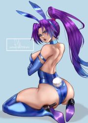 1girl angry arialla_draws ass breasts commentary elbow_gloves english_commentary gloves highres leotard long_hair looking_at_viewer marvel marvel_rivals playboy_bunny ponytail psylocke psylocke_(sai) purple_eyes purple_hair solo x-men