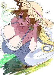 1girl absurdres breasts brown_shoes hat highres konoe_kanata large_breasts long_hair looking_at_viewer love_live! love_live!_nijigasaki_high_school_idol_club one_eye_closed purple_eyes shoes solo tarakon
